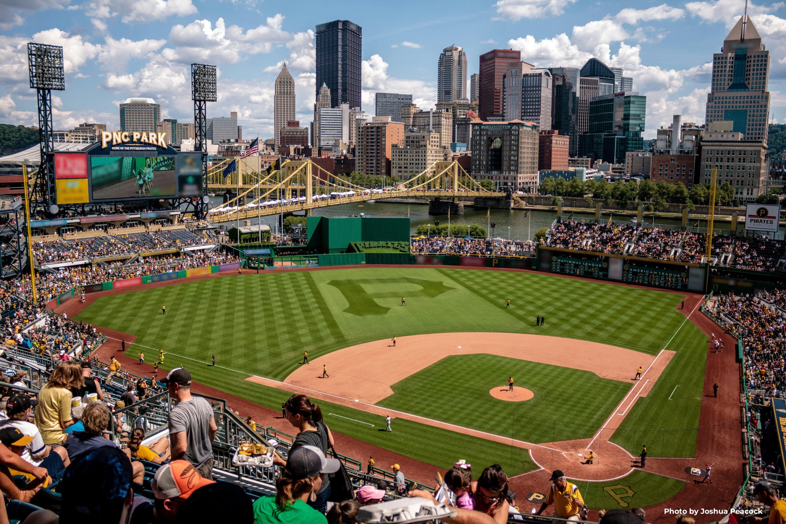 A wide view of PNC Park during a sunny day baseball game, with fans filling the stands and the Pittsburgh skyline and Roberto Clemente Bridge visible in the background.